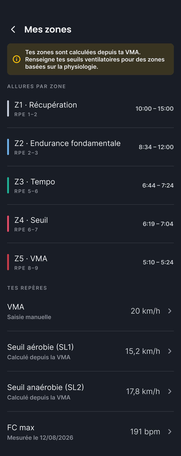 Les zones physiologiques dans l'application SORUN